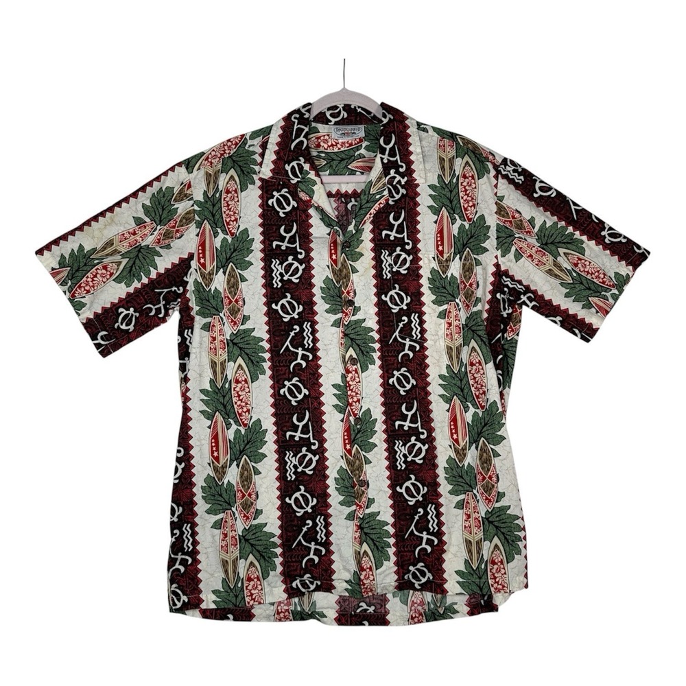 VTG Pacific‎ Legend Hawaiian Shirt L Red Surfboard Turtle Aloha Camp Tribal